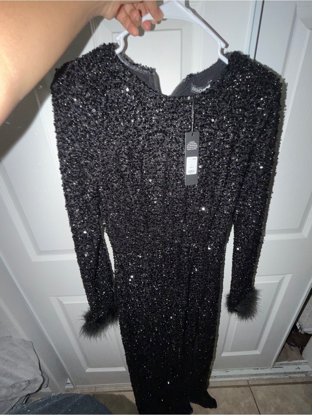 Fashion Nova Black Sequin Long Sleeve Dress with Faux Fur Cuffs